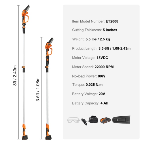 VEVOR 2-in-1 Cordless Pole Saw & Mini Chainsaw, 20V 4Ah Battery Pole Chainsaw, 5" Cutting Capacity 8 ft Reach Pole Saw for Branch Cutting Tree