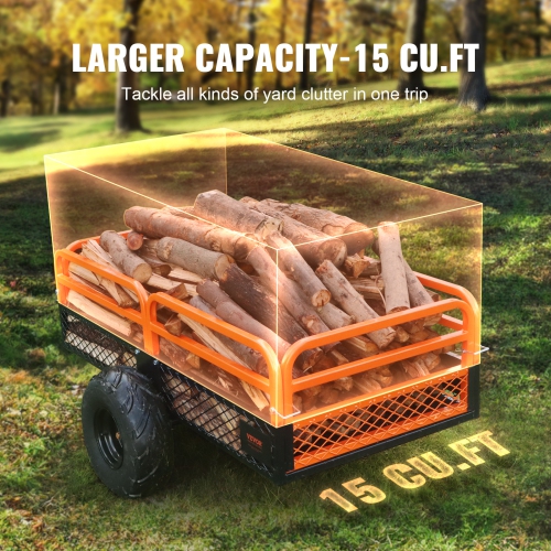 VEVOR 1500-Pound Heavy Duty Steel ATV Dump Trailer, Capacity 15 Cubic Feet, Tow Behind Dump Cart Garden Trailer, with Removable Sides and 2 Tires,