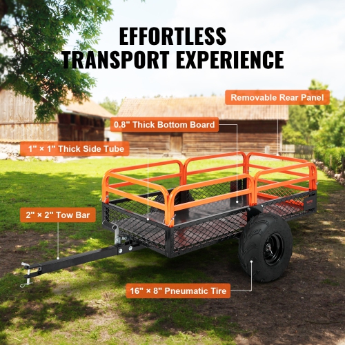VEVOR 1500-Pound Heavy Duty Steel ATV Dump Trailer, Capacity 15 Cubic Feet, Tow Behind Dump Cart Garden Trailer, with Removable Sides and 2 Tires,