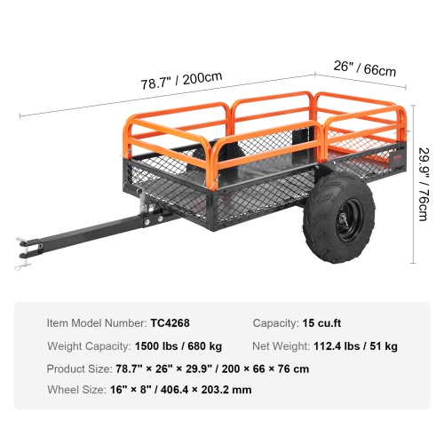 VEVOR 1500-Pound Heavy Duty Steel ATV Dump Trailer, Capacity 15 Cubic Feet, Tow Behind Dump Cart Garden Trailer, with Removable Sides and 2 Tires,