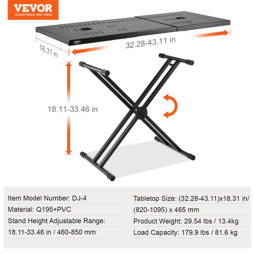 VEVOR x 18" DJ Table Stand, Portable DJ Laptop and Controller Stand, Lightweight DJ Desk DJ Booth Adjustable Height DJ Stand, Foldable Double-X