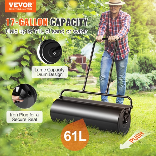 VEVOR 17 Gallon Lawn Roller, Sand/Water Filled Yard Roller, Steel Sod Roller with Easy-turn Plug and U-Shaped Ergonomic Handle for Convenient Push