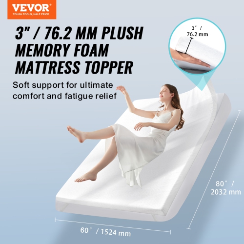VEVOR 3 in Thickness Mattress Topper, Queen Size, Soft Memory Foam Mattress Pad, Premium Cooling Gel Infusion, Detachable and Washable, Compressed