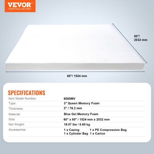 VEVOR 3 in Thickness Mattress Topper, Queen Size, Soft Memory Foam Mattress Pad, Premium Cooling Gel Infusion, Detachable and Washable, Compressed