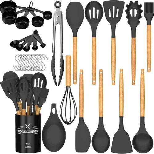 Image 1 of 7.. Umite Chef 33-Piece Silicone Kitchen Utensils Set – Black with Wooden Handles