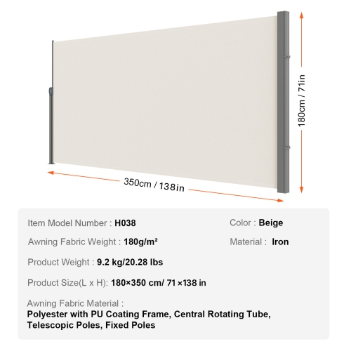 VEVOR 71''x 138'' Retractable Side Awning, Outdoor Privacy Screen, 180g Polyester Water-proof Patio Screen, UV 30+ Room Divider Wind Screen for