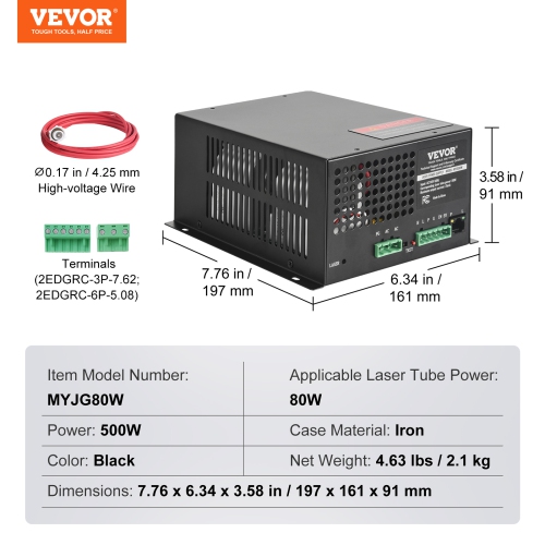 VEVOR 80W CO2 Laser Power Supply, Power Supply for 80W Laser Tube, Constant Current Protection, Open Circuit Protection, Fast Heat Dissipation,