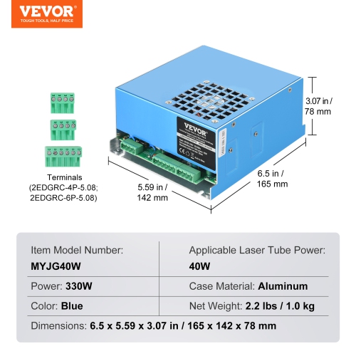 VEVOR 40W CO2 Laser Power Supply, Power Supply for 40W Laser Tube, Constant Current Protection, Open Circuit Protection, Fast Heat Dissipation,