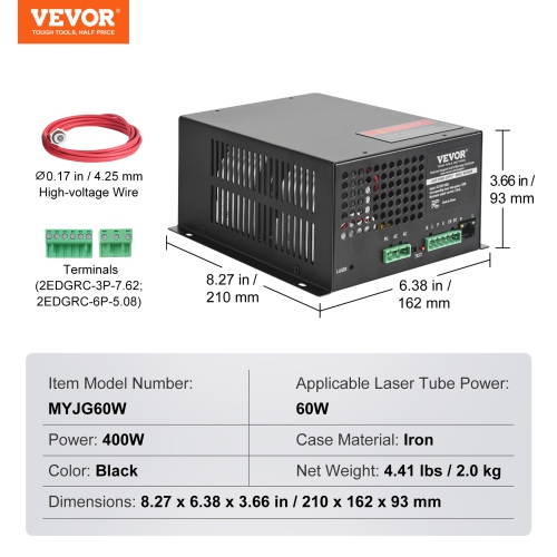 VEVOR 60W CO2 Laser Power Supply, Power Supply for 60W Laser Tube, Constant Current Protection, Open Circuit Protection, Fast Heat Dissipation,