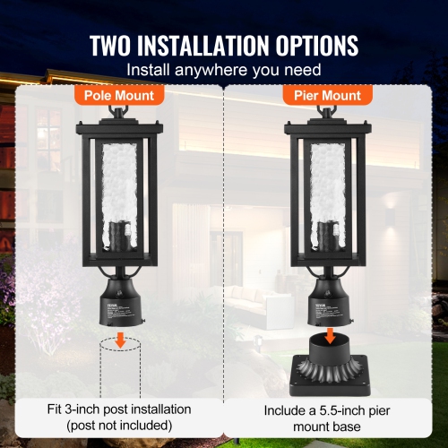 VEVOR 17.72 in 2 Pack Dusk to Dawn Outdoor Post Light, Waterproof Lamp Post Light Fixtures with 5.5 in Pier Mount Base Glass Shade, Lightning-proof