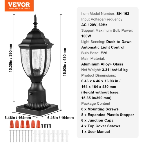Lampadaire d'extérieur 15,35-en-2 Crépuscule à aube VEVOR, lampes de poteau étanches, abat-jour en verre de 3,5&nbsp;po à base de pilier, lampe de