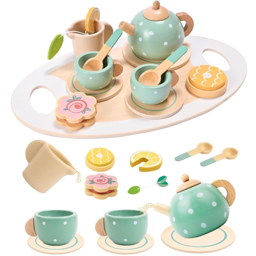 Image 1 de 6.. Ensemble à thé en bois, accessoires de jeu de rôle, ensemble de jouets de cuisine, cadeau de Noël et d'anniversaire pour garçons et filles de 3-5 ans