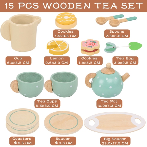Ensemble à thé en bois, accessoires de jeu de rôle, ensemble de jouets de cuisine, cadeau de Noël et d'anniversaire pour garçons et filles de 3-5 ans