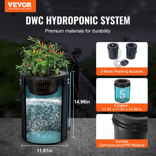 VEVOR 5-Gallon DWC Hydroponics Grow System, Hydroponic Growing System with Top Drip Kit, Deep Water Culture 2 Buckets, with Air Pump, Air Stones and
