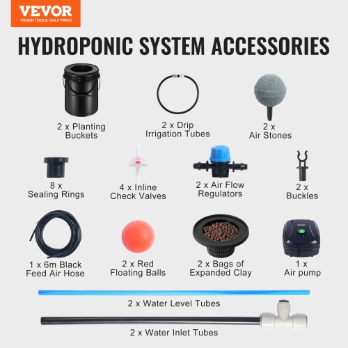 VEVOR 5-Gallon DWC Hydroponics Grow System, Hydroponic Growing System with Top Drip Kit, Deep Water Culture 2 Buckets, with Air Pump, Air Stones and