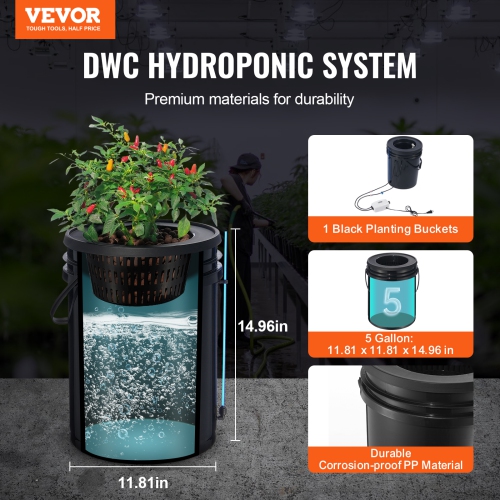 VEVOR 5-Gallon DWC Hydroponics Grow System, Hydroponic Growing System with Top Drip Kit, Deep Water Culture with Air Pump, Air Stone and Water Level