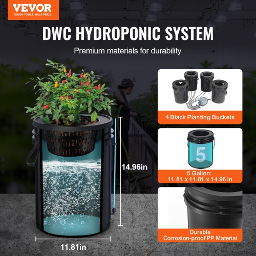 VEVOR 5-Gallon DWC Hydroponics Grow System, Hydroponic Growing System with Top Drip Kit, Deep Water Culture 4 Buckets, with Air Pump, Air Stones and