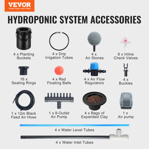 VEVOR 5-Gallon DWC Hydroponics Grow System, Hydroponic Growing System with Top Drip Kit, Deep Water Culture 4 Buckets, with Air Pump, Air Stones and