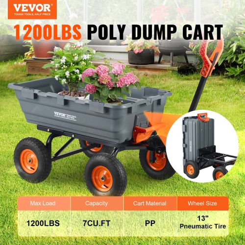 VEVOR 6.48 cu.ft Garden Cart, Durable Poly Dump Cart with Simple Assembly Steel Frame, Versatile Dump Wagon with Dual-Function Handle, 1200 lbs Load