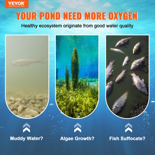 VEVOR 550W Pond Aerator, 5.2CFM for Up to 3 Acre 50' Lake, Pond Aeration Kit Includes 3/4 HP Compressor & 2 100' Weighted Tubings & 2 Diffusers,Air