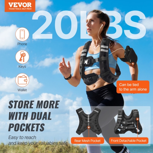 VEVOR 20 lbs Weight Vest with Reflective Stripe,Adjustable Buckle Body Weight Vest for Men Women, Workout Equipment for Strength
