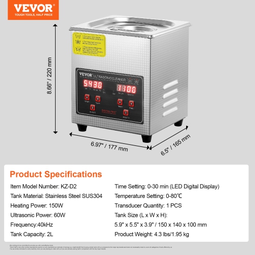 VEVOR Ultrasonic Cleaner with Digital Timer & Heater, Professional Ultra Sonic Jewelry Cleaner, Stainless Steel Heated Cleaning Machine for Glasses