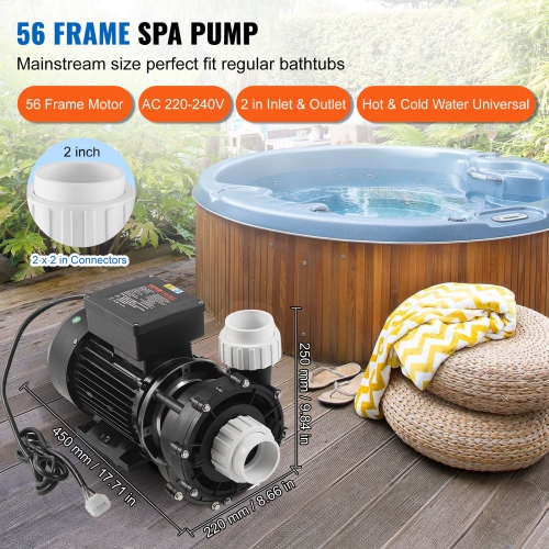 VEVOR 2 Speed SPA Pump, 56-Frame, AC 220-240V Hot Tub SPA Pump, 3HP/200GPM/65.61ft High Speed or 0.4HP/100GPM/16.07ft Low Speed, 2" Port 90°