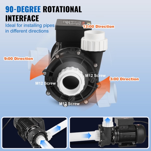 VEVOR 2 Speed SPA Pump, 56-Frame, AC 220-240V Hot Tub SPA Pump, 3HP/200GPM/65.61ft High Speed or 0.4HP/100GPM/16.07ft Low Speed, 2" Port 90°