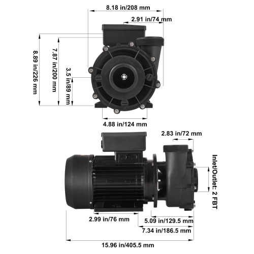 VEVOR 2 Speed SPA Pump, 56-Frame, AC 220-240V Hot Tub SPA Pump, 3HP/200GPM/65.61ft High Speed or 0.4HP/100GPM/16.07ft Low Speed, 2" Port 90°