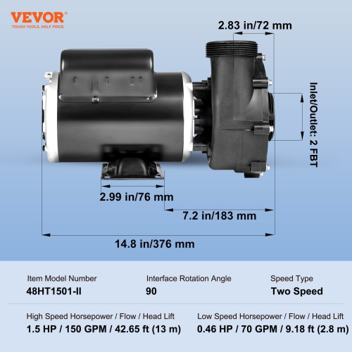 VEVOR 2 Speed SPA Pump, 48-Frame, AC 110-120V Hot Tub SPA Pump, 1.5HP/150GPM/42.65ft High Speed or 0.46HP/70GPM/9.18ft Low Speed, 2" Port 90°