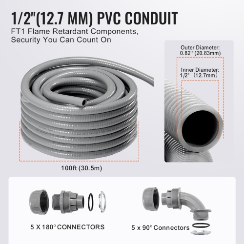 Conduit électrique souple VEVOR 1/2-Inch, 100&nbsp;pi, PVC, conduit étanche non métallique avec 5 raccords de raccord à conduit droit et 5 90 degrés,