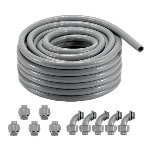 Conduit électrique souple VEVOR 1/2-Inch, 100&nbsp;pi, PVC, conduit étanche non métallique avec 5 raccords de raccord à conduit droit et 5 90 degrés,