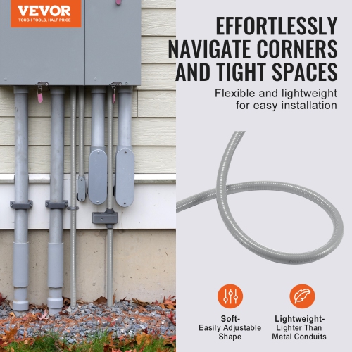 VEVOR 1-Inch Flexible Electrical Conduit, 100 ft, PVC Liquid-Tight Conduit Non-Metallic with 5 Straight and 5 90-Degree Conduit Connector Fittings,