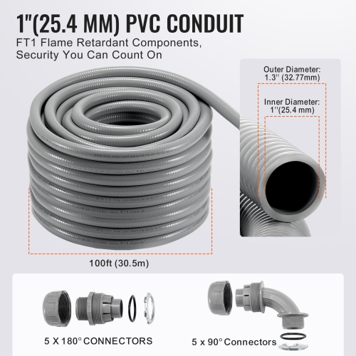 VEVOR 1-Inch Flexible Electrical Conduit, 100 ft, PVC Liquid-Tight Conduit Non-Metallic with 5 Straight and 5 90-Degree Conduit Connector Fittings,