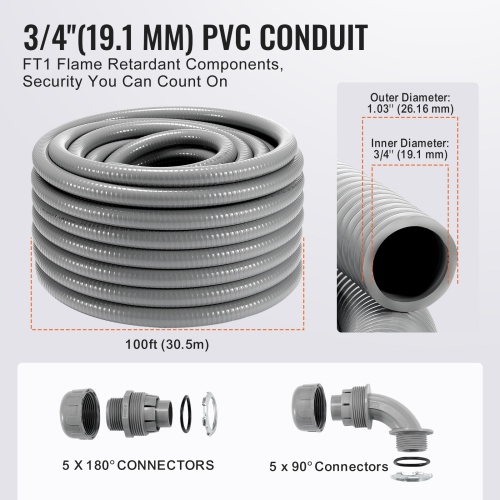 Conduit électrique souple VEVOR 3/4-Inch, 100&nbsp;pi, PVC, conduit étanche non métallique avec 5 raccords de raccord à conduit droit et 5 90 degrés,