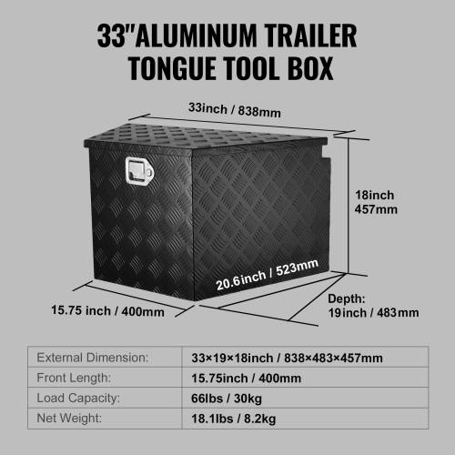 VEVOR 33"x19"x18" Trailer Tongue Box, Aluminum Alloy Diamond Plate Tongue Box Tool Chest, Trailer Box Storage with Lock and Keys, Trailer Tongue Box