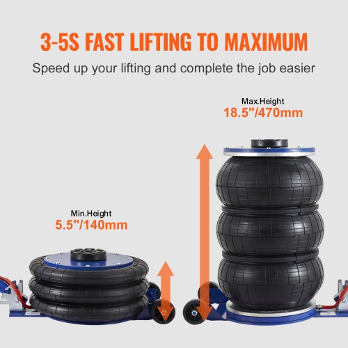 VEVOR 5 Ton/11000 lbs Triple Bag Air Jack,Airbag Jack with Six Steel Pipes,Lift up to 18.5 inch/470 mm,3-5 s Lifting Pneumatic Jack, with Adjustable