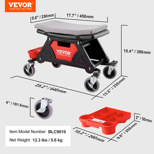 VEVOR 300 LBS Capacity Rolling Mechanic Seat with 4" Wheels, with Three Slide Out Tool Trays and Drawer, Heavy Duty Roller Creeper Seat for Home