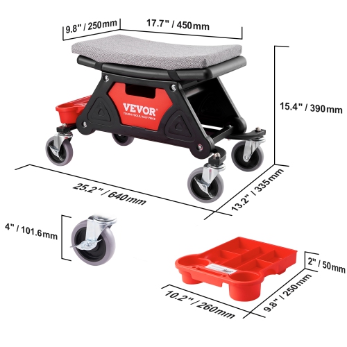 VEVOR 300 LBS Capacity Rolling Mechanic Seat with 4" Wheels, with Three Slide Out Tool Trays and Drawer, Heavy Duty Roller Creeper Seat for Home