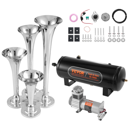 VEVOR 4 Trumpet Train Air Horn Kit, 150dB Train Horns for Pickup Trucks, 12V 160 psi Air Compressor 2.6 Gal/10 L Tank with Gauge for Any 12V Vehicle