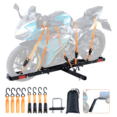 VEVOR 600 LBS Capacity Steel Motorcycle Hitch Carrier, Includes Ramp, Ratchet Straps & Stabilizer, Fits 2" Hitch Receivers on Cars & Trucks
