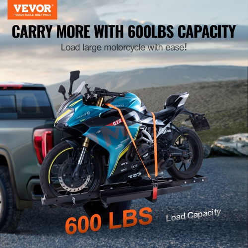 VEVOR 600 LBS Capacity Steel Motorcycle Hitch Carrier, Includes Ramp, Ratchet Straps & Stabilizer, Fits 2" Hitch Receivers on Cars & Trucks