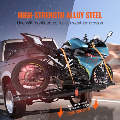 VEVOR 600 LBS Capacity Steel Motorcycle Hitch Carrier, Includes Ramp, Ratchet Straps & Stabilizer, Fits 2" Hitch Receivers on Cars & Trucks