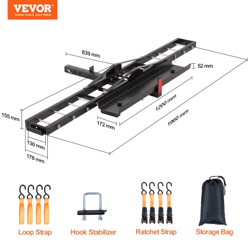 VEVOR 600 LBS Capacity Steel Motorcycle Hitch Carrier, Includes Ramp, Ratchet Straps & Stabilizer, Fits 2" Hitch Receivers on Cars & Trucks