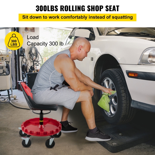 VEVOR 300LBS Capacity Rolling Garage Stool, 21"-26" Adjustable Height Range, Mechanic Seat with Swivel Casters and Tool Tray, for Workshop, Auto