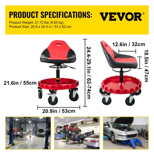 VEVOR 300LBS Capacity Rolling Garage Stool, 21"-26" Adjustable Height Range, Mechanic Seat with Swivel Casters and Tool Tray, for Workshop, Auto