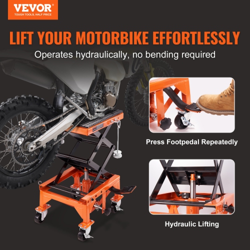 VEVOR 4 Wheels Hydraulic Motorcycle Lift Table, 350 LBS Capacity Motorcycle Scissor Jack Lift with Wide Deck, J-hooks, Hydraulic Foot-Operated Jack