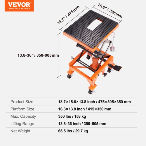 VEVOR 4 Wheels Hydraulic Motorcycle Lift Table, 350 LBS Capacity Motorcycle Scissor Jack Lift with Wide Deck, J-hooks, Hydraulic Foot-Operated Jack