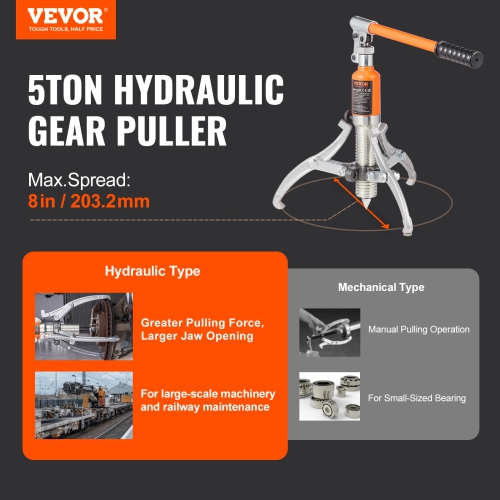 VEVOR 8" Hydraulic Gear Puller,5 Ton Max Capacity Wheel Bearing Pulling Separator, 2 or 3 Jaws Puller, Vertically and Horizontally, Jaw Hydraulic