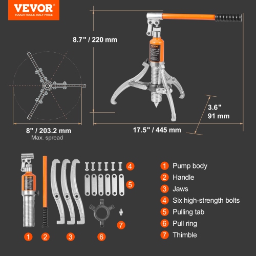 VEVOR 8" Hydraulic Gear Puller,5 Ton Max Capacity Wheel Bearing Pulling Separator, 2 or 3 Jaws Puller, Vertically and Horizontally, Jaw Hydraulic